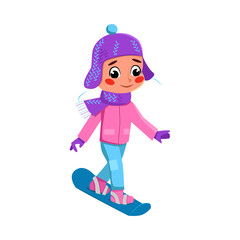 Sticker - Cute Girl Snowboarding, Kid Doing Winter Sports, Active Healthy Lifestyle Concept Cartoon Style Vector Illustration