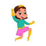 Fototapeta Dinusie - Cute Brunette Girl Playing Superhero Wearing Colorful Costume, Adorable Kid Superhero Character Cartoon Style Vector Illustration