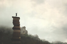 Surreal Man With Telescope Looks At Infinity From The Top Of A Stack Of Books In The Outdoors