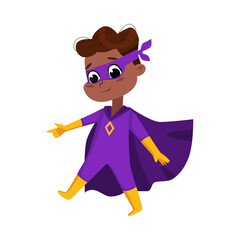 Canvas Print - Cute African American Boy in Purple Superhero Costume and Mask, Adorable Kid Superhero Character Cartoon Style Vector Illustration