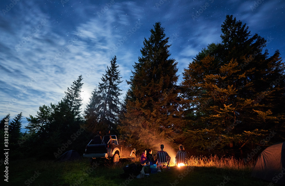 Group of friends near campfire, pickup offroad truck, tents at night camp in the mountains surrounded by spruce trees under magical starry sky, rear view. Car travel and camping concept - obrazy, fototapety, plakaty 