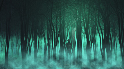 Wall Mural - 3d evil halloween creature in a foggy forest