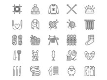 Knitting Flat Line Icons Set. Crochet, Hand Made Scarf, Wool Ball, Thread And Needle Vector Illustrations. Outline Signs Of Diy Tools, Atelier, Editable Stroke
