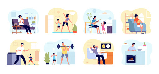 Sticker - Family leisure home. People cooking, painting play with children. Father boy relax, parents child together game hobby at house vector set. Activity playing family, entertainment indoor illustration