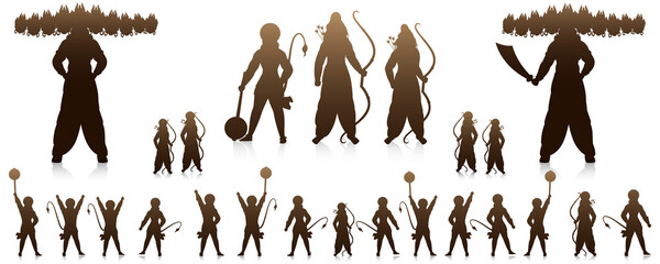 Sticker - Silhouette Army of Lord Rama As Laxman, Hanuman, Vibhishana, Other Fighter Fighting with Demon Ravana on White Background.