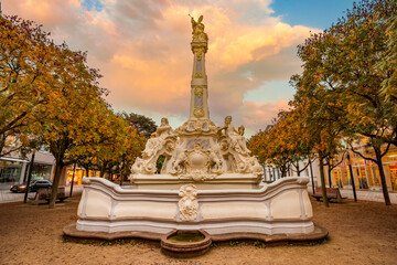 Saint Georgs fountain in Trier, Germany at autumn morning