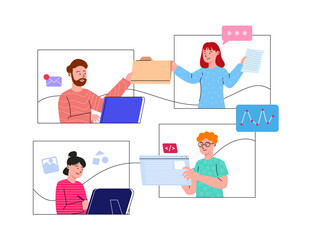 Wall Mural - group of young people collaboration work, online meeting, remote worker flat illustration concept