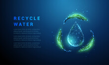 Falling Drop Of Water With Recycle Symbol From Green Leafs