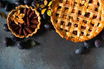 Wall Mural - Autumn and summer pie with plum on dark  background. Thanksgiving day table