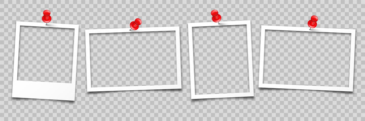 Realistic empty photo card frame, film set. Retro vintage photograph with push pin. Digital snapshot image. Template or mockup for design. Vector illustration.