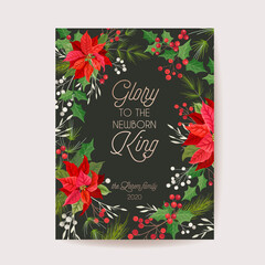 Wall Mural - Poinsettia Winter Floral Card, Christmas Vector Wedding Invitation, Holiday Party greeting banner template, Flowers