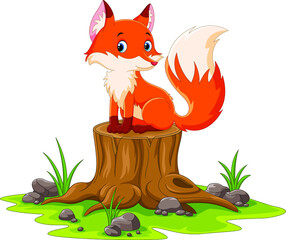 Wall Mural - Cartoon happy fox sitting on tree stump