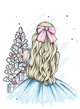 Girl In A Beautiful Dress With Long Hair And A Bow. Fashion And Style, Vintage And Retro. New Year's And Christmas.