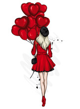 Beautiful Girl In A Stylish Coat, Beret And Boots. Autumn Clothing And Accessories. Fashion And Style. Vector Illustration. Heart Shaped Balloons. Valentine's Day.