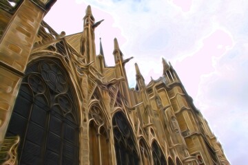 Digital painting style representing a side view of the Notre Dame Cathedral in Paris