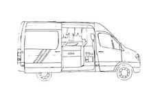 Black And White Hand Drawn Sketch Of Open Living Van. Van Life. Illustration.