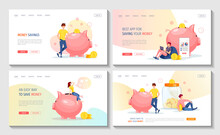 Large Money Piglet And Jar Banks With Coins Inside And People. Money Saving Or Accumulating, Financial Services, Deposit, Internet Banking Concept. Set Of Web Pages, Banners. Vector Illustration.