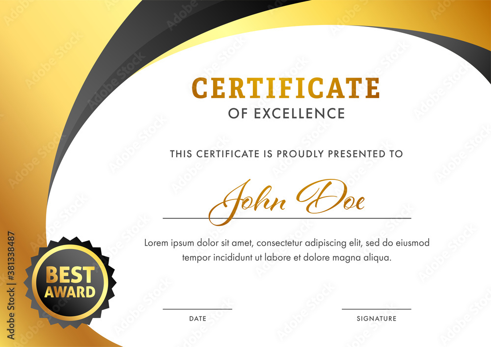Editable Certificate of Excellence Template Layout in Golden and White ...