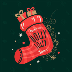 Sticker - Illustration of Santa Sock Full of Gift Boxes with Have A Holly Jolly Time Text on Green Xmas Elements Background.