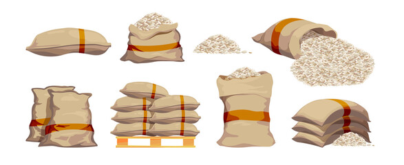 Wall Mural - Rice bags. Pile with sackful textile objects grain agricultural collection vector sacks in cartoon style. Rice bag, pile grain agriculture illustration