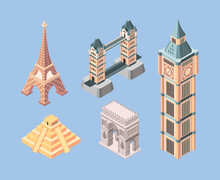 Landmarks Isometric. World Famous Buildings Travelling Symbols Bridges Pyramid Towers Vector. Pyramid And Bridge In Europe, Monument Isometric For Tourism Illustration