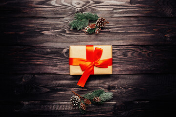 Wall Mural - new year's gift on a wooden background