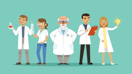 Poster - Laboratory team. Team of scientists or doctors, researchers. Cartoon hospital personal, virologists vector illustration. Research team laboratory woman and man, analysis pharmaceutical