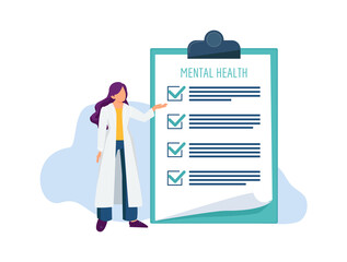 Wall Mural - Psychotherapist with check list. Mental health examination, doctor and treatment document vector illustration. Medical mental record clipboard