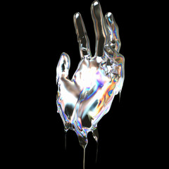 3d art holographic abstract futuristic design idea. hand gesture liquid metallic texture isolated on