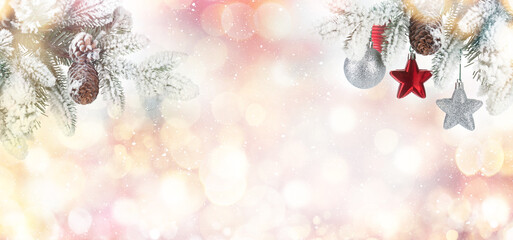 Aufkleber - Fir tree branch with christmas decor covered with snow