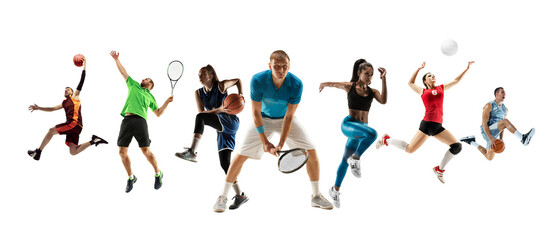 Collage of different professional sportsmen, fit men and women in action and motion isolated on white background. Made of 7 models. Concept of sport, achievements, competition, championship.