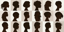 Vector Black Profile Silhouette Set With Female Haircut. Collection Face Anonymous Portrait And Isolated Women Heads With Modern Hairstyle. Group Of Beautiful Glamorous Girls. Coiffure