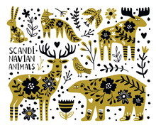 Scandinavian Wild Animals. Cute Bear And Deer, Rabbit And Fox Between Branches And Berries, Vector Illustration Of Nordic Animals Isolated On White Background