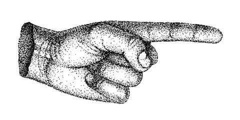 Vintage vector illustration of a hand drawn pointing finger gesture showing direction. black and white template in retro style. dot graphics.