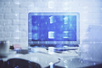 multi exposure of desktop computer and technology theme hologram. concept of software development.