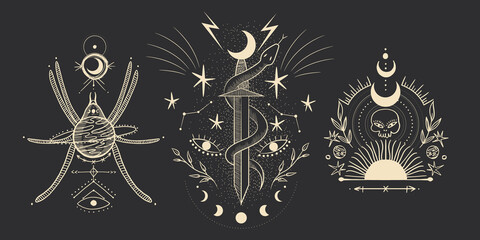 Vintage retro vintage engraving style. the sun, moon phases, crystals, magic symbols. print in the interior and design. vector graphics