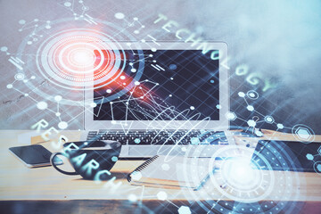 double exposure of desktop computer and technology theme hologram. concept of software development.