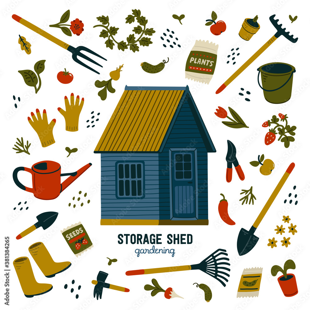 Storage shed. Blue storage shed and different types of tools for gardening and landscaping - obrazy, fototapety, plakaty 