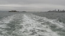 Alcatraz Island In San Francisco Bay, California USA. Federal Prison For Gangsters On Rock, Foggy Weather. Historic Jail, Cliff In Misty Cloudy Harbor. Gaol For Punishment And Imprisonment For Crime.