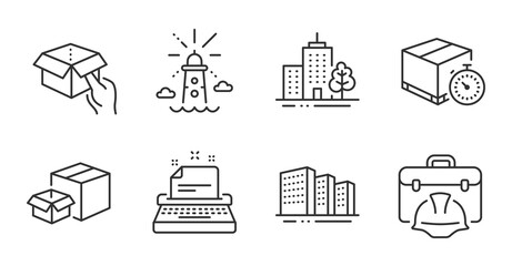 Wall Mural - Delivery timer, Hold box and Lighthouse line icons set. Typewriter, Skyscraper buildings and Construction toolbox signs. Buildings, Packing boxes symbols. Quality line icons. Vector