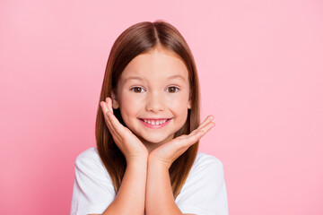 Wall Mural - Close-up portrait of her she nice-looking attractive lovely healthy glad cheerful cheery foxy ginger girl enjoying good mood idea solution isolated on pink pastel color background