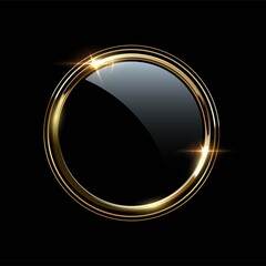 Wall Mural - golden round metal rings around glass circle. shining abstract triple frame. yellow shiny circular l
