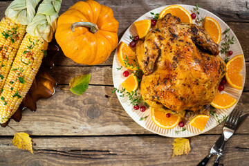 Wall Mural - Thanksgiving background. Baked chicken or turkey with citrus and spices for celebrations for Thanksgiving dinner on wooden table. Autumn table settings for Thanksgiving. Top view