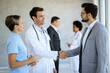 © Drazen - Male doctor handshaking with a businessman in hallway at the hospital.