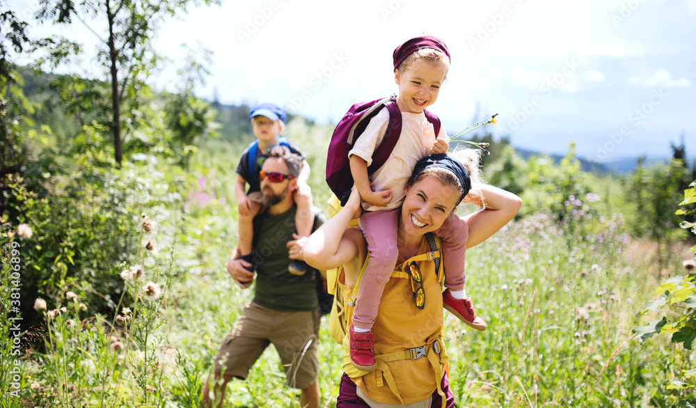 Family with small children hiking outdoors in summer nature. - obrazy, fototapety, plakaty 