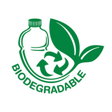 Biodegradable plastic sign - bottle turns to plant with recyclable symbol - eco friendly compostable material production (environment protection emblem)