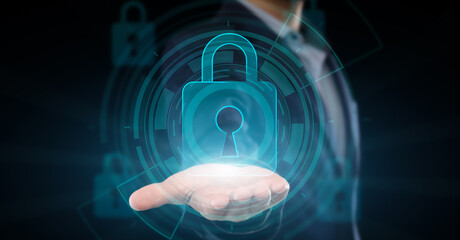 Aufkleber - Businessman holding hologram of padlock protect icon in open palm