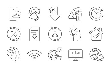 Wifi, Loan percent and Music making line icons set. Rotation gesture, Idea and User info signs. Globe, Time change and Smartphone cloud symbols. Line icons set. Vector