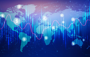 Poster - Global Economy And Currency Exchange Graphs Over Blue Background, Illustration