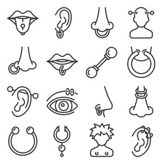 Body Piercing and Piercings Jewelry Icons Set. Vector